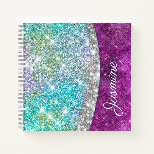 Cute iridescent purple teal faux glitter monogram  notebook