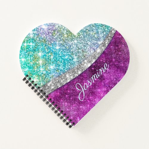 Cute iridescent purple teal faux glitter monogram  notebook