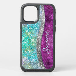 Cute iridescent purple teal faux glitter monogram OtterBox symmetry iPhone 12 pro case