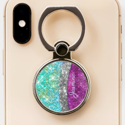 Cute iridescent purple teal faux glitter monogram phone ring stand