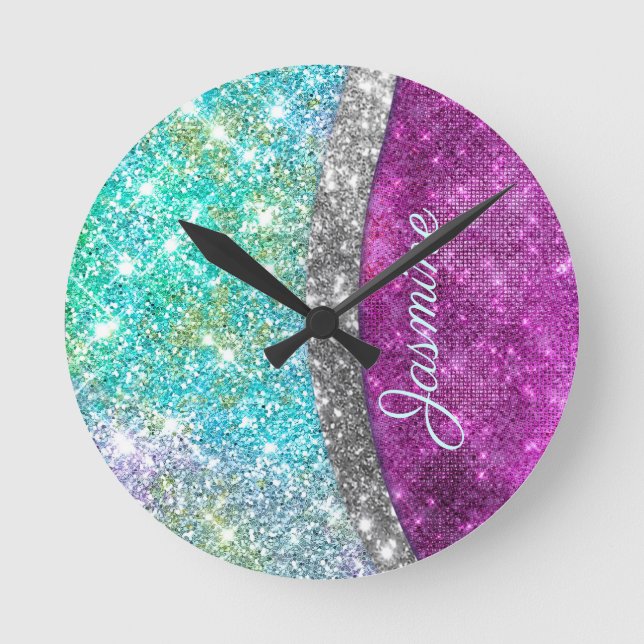 Cute iridescent purple teal faux glitter monogram round clock (Front)