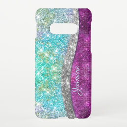 Cute iridescent purple teal faux glitter monogram  samsung galaxy S10E case