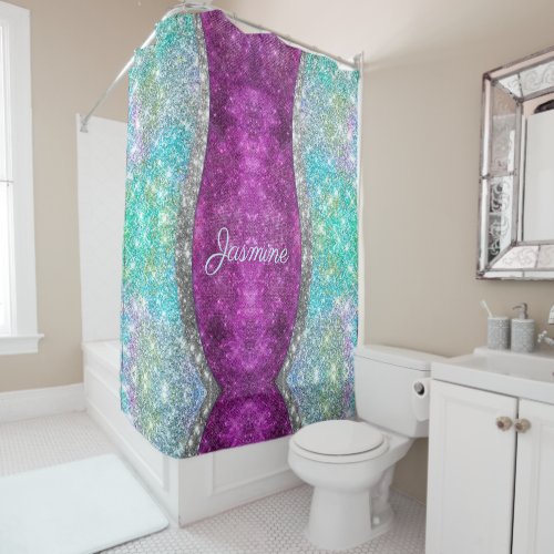 Cute iridescent purple teal faux glitter monogram shower curtain