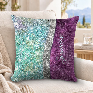 Cute iridescent purple teal faux glitter monogram throw pillow