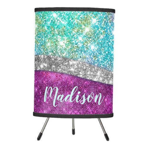 Cute iridescent purple teal faux glitter monogram tripod lamp