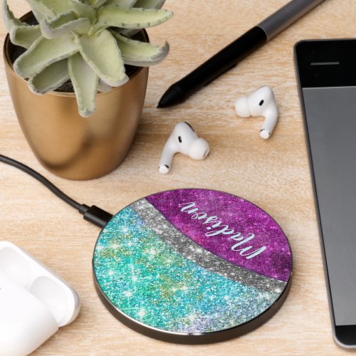 Cute iridescent purple teal faux glitter monogram wireless charger 