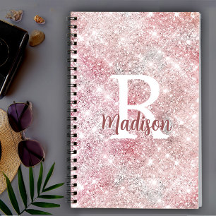 Cute iridescent rose gold faux glitter monogram notebook
