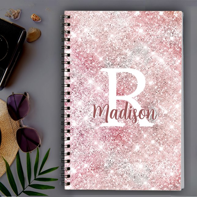 Cute iridescent rose gold faux glitter monogram notebook (Creator Uploaded)