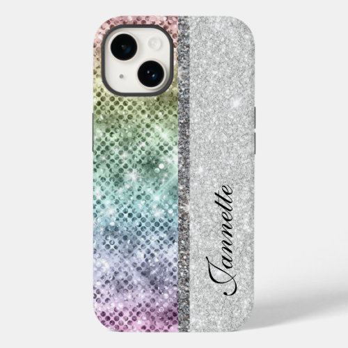 Cute Iridescent Silver Faux Glitter Monogram Case_Mate iPhone 14 Case