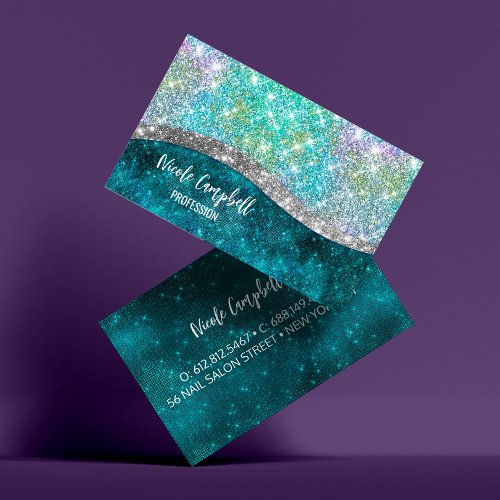 Cute iridescent turquoise faux glitter monogram business card