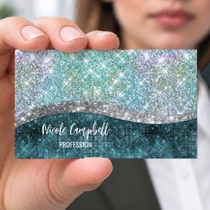 Cute iridescent turquoise faux glitter monogram business card magnet