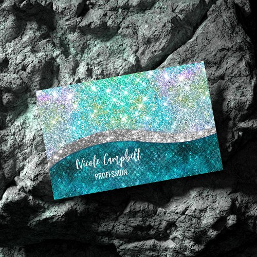 Cute iridescent turquoise faux glitter monogram business card magnet
