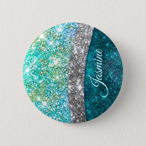 Cute iridescent turquoise faux glitter monogram  button