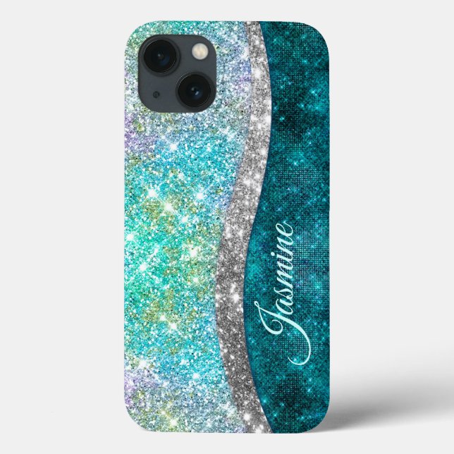 Cute iridescent turquoise faux glitter monogram Case-Mate iPhone case (Back)