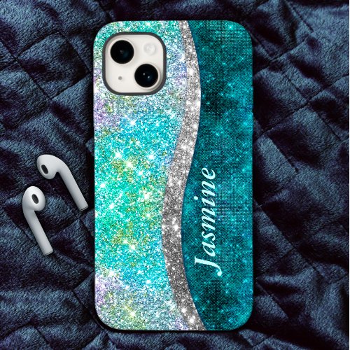Cute iridescent turquoise faux glitter monogram iPhone 15 case