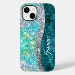 Cute iridescent turquoise faux glitter monogram Case-Mate iPhone 14 case