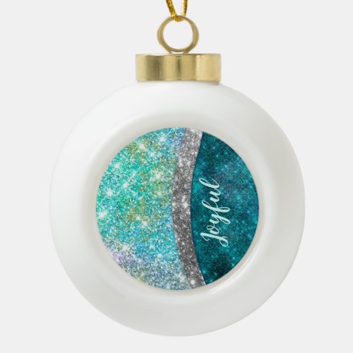 Cute iridescent turquoise faux glitter monogram ceramic ball christmas ornament