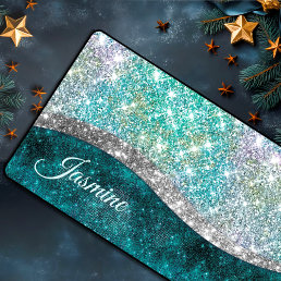 Cute iridescent turquoise faux glitter monogram desk mat