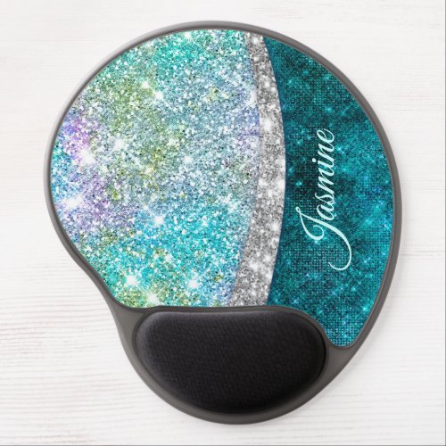 Cute iridescent turquoise faux glitter monogram gel mouse pad