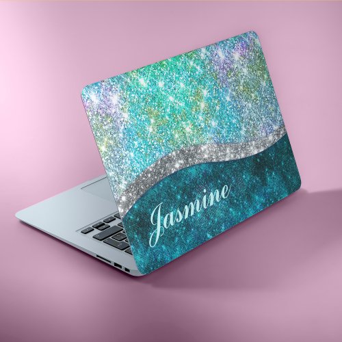 Cute iridescent turquoise faux glitter monogram HP laptop skin