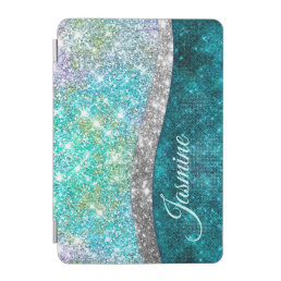 Cute iridescent turquoise faux glitter monogram iP iPad Mini Cover