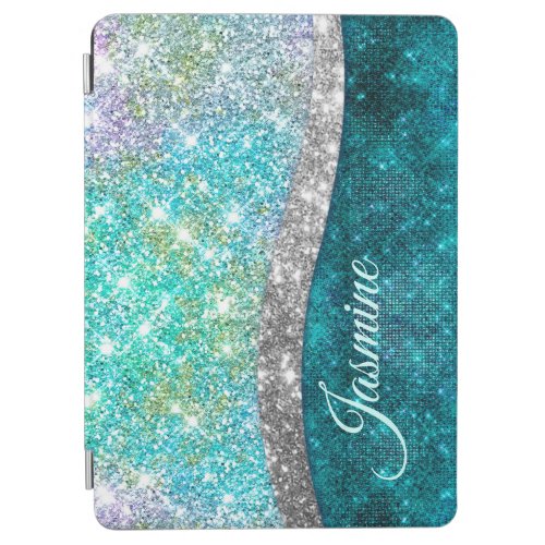 Cute iridescent turquoise faux glitter monogram iPad air cover