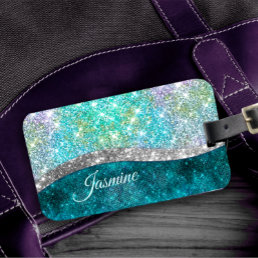 Cute iridescent turquoise faux glitter monogram luggage tag