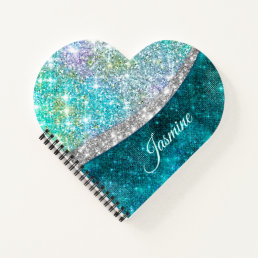 Cute iridescent turquoise faux glitter monogram no notebook