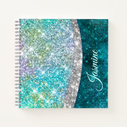 Cute iridescent turquoise faux glitter monogram no notebook
