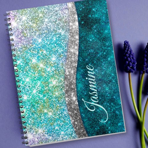Cute iridescent turquoise faux glitter monogram notebook