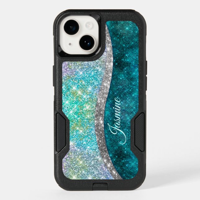 Cute iridescent turquoise faux glitter monogram otterbox iPhone case (Back)
