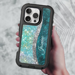 Cute iridescent turquoise faux glitter monogram iPhone 16 pro case