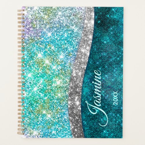 Cute iridescent turquoise faux glitter monogram planner