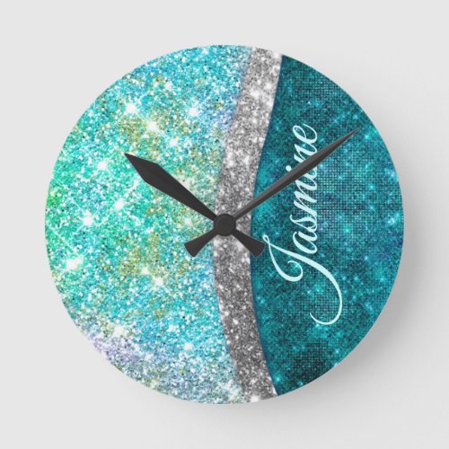 Cute iridescent turquoise faux glitter monogram round clock