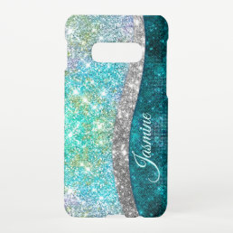 Cute iridescent turquoise faux glitter monogram samsung galaxy S10E case