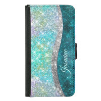 Cute iridescent turquoise faux glitter monogram