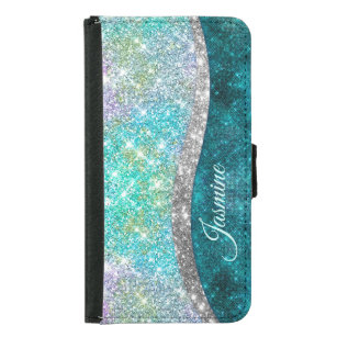 Cute iridescent turquoise faux glitter monogram samsung galaxy s5 wallet case