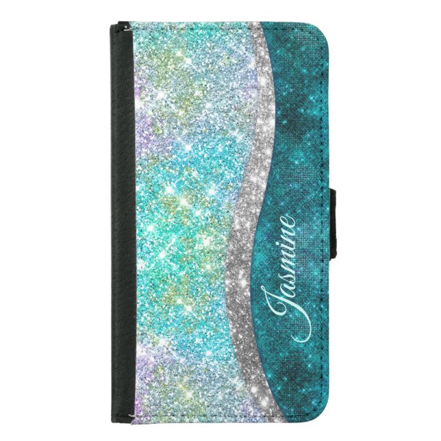 Cute iridescent turquoise faux glitter monogram samsung galaxy wallet case (Front)