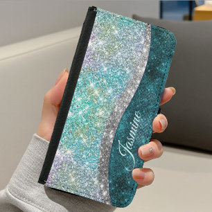 Cute iridescent turquoise faux glitter monogram samsung galaxy s5 wallet case