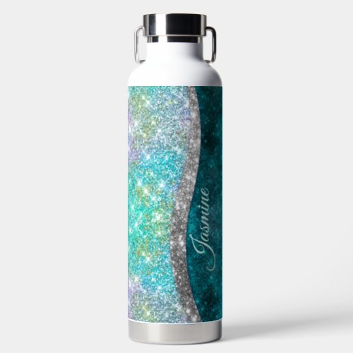 Cute iridescent turquoise faux glitter monogram water bottle
