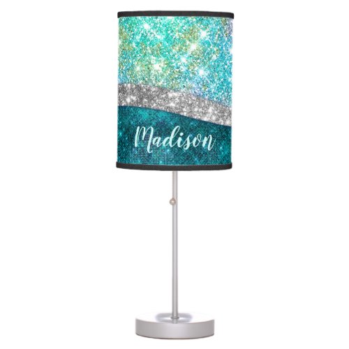 Cute iridescent turquoise faux glitter monogram wi table lamp