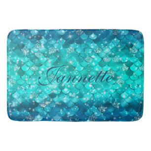 Cute Iridescent Turquoise Mermaid Faux Glitter Bath Mat