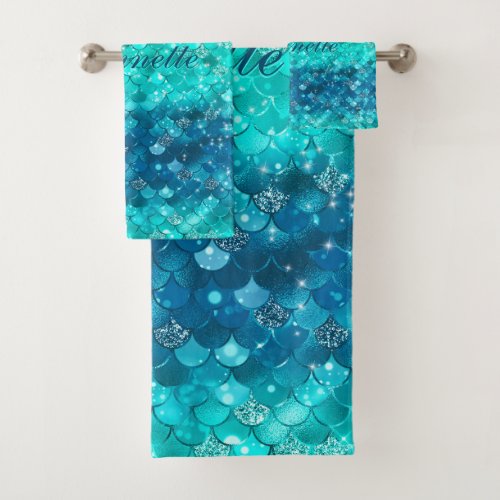 Cute Iridescent Turquoise Mermaid Faux Glitter Bath Towel Set