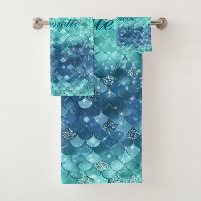 Cute Iridescent Turquoise Mermaid Faux Glitter Bath Towel Set (Insitu)