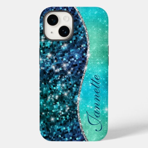 Cute Iridescent Turquoise Mermaid Faux Glitter Case_Mate iPhone 14 Case