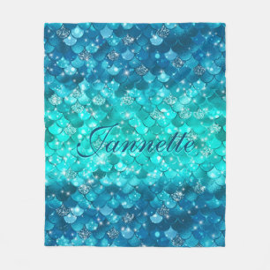 Cute Iridescent Turquoise Mermaid Faux Glitter Fleece Blanket