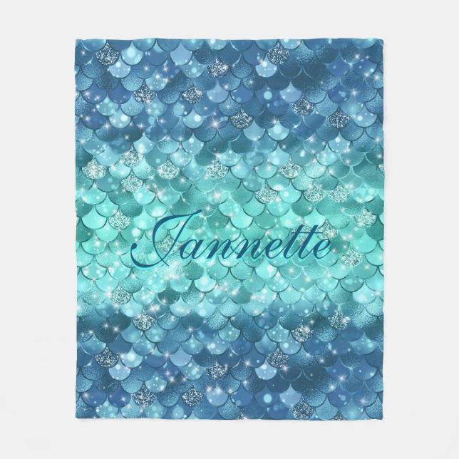 Cute Iridescent Turquoise Mermaid Faux Glitter Fleece Blanket (Front)