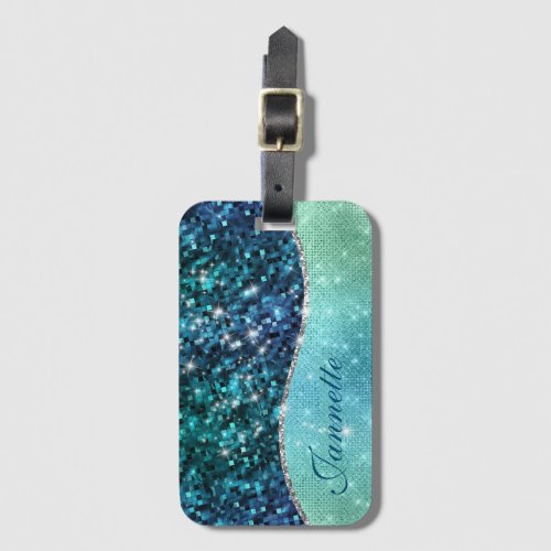 Cute Iridescent Turquoise Mermaid Faux Glitter Luggage Tag