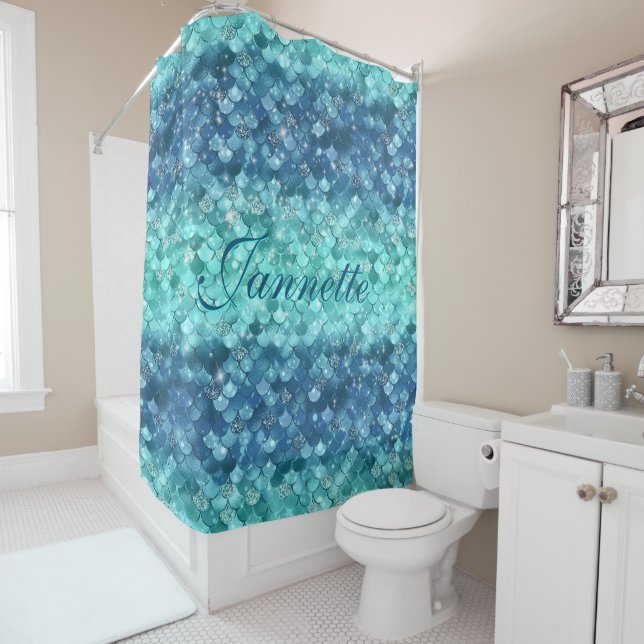 Cute Iridescent Turquoise Mermaid Faux Glitter Shower Curtain (In Situ)