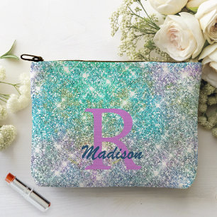 Cute iridescent unicorn blue faux glitter monogram accessory pouch